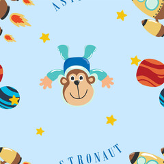 Vector seamless pattern with cute little astronaut. Creative vector childish background for fabric, textile, nursery wallpaper, poster, card, brochure. Vector illustration background.