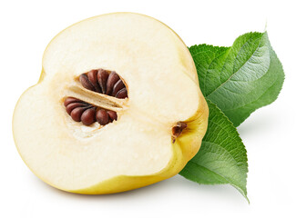 One ripe quince with green leaf clipping path
