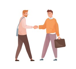 Fototapeta premium Adult people shaking hands isolated on white background. Businessmen cooperation. Employee and employer acquaintance. Partners deal and agreement. Flat vector cartoon illustration