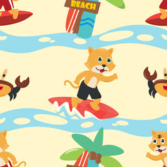 Obraz na płótnie Canvas Vector seamless pattern with cute cat surfer. Creative vector childish background for fabric, textile, nursery wallpaper, poster, card, brochure. Vector illustration background.