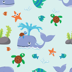 Vector seamless pattern with cute whale and turtles. Creative vector childish background for fabric, textile, nursery wallpaper, poster, card, brochure. Vector illustration background.