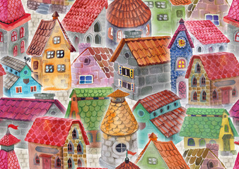 Geometric seamless pattern painted with watercolor. An image of a fabulous city © vellas