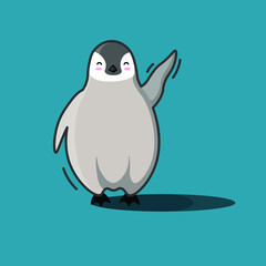 Gray penguin happily waving its paw. The baby penguin greeting with a paw gesture. Vector image in eps format.