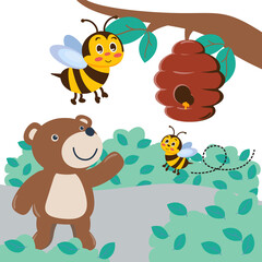 Obraz na płótnie Canvas Cute bear with honey. Bear and bees. with cartoon style. Creative vector childish background for fabric, textile, nursery wallpaper, poster, card, brochure. vector illustration background.