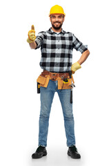 profession, construction and building - happy smiling male worker or builder in helmet showing thumbs up over white background