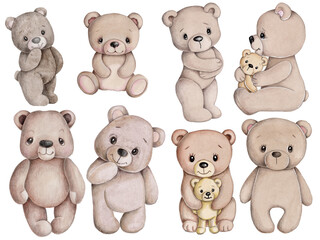 CSet of cute cartoon teddy bears. Watercolor hand drawn sketch, illustration, icon. Isolated on white background. 