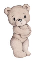 Fototapeta na wymiar Cute cartoon teddy bear. Watercolor hand drawn sketch, illustration, icon. Isolated on white background. 