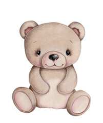 Cute cartoon teddy bear. Watercolor hand drawn sketch, illustration, icon. Isolated on white background. 