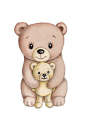 Cute cartoon teddy bear. Watercolor hand drawn sketch, illustration, icon. Isolated on white background. 