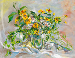 Fototapeta na wymiar Talented artist painted a still life, flowers in a vase. Colorful canvas of paints, depicts bright summer picture. Draw with large strokes in pasty technique. Realistic painting, original art concept