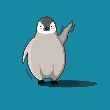 Gray penguin happily waving its paw. The baby penguin greeting with a paw gesture. Illustration in jpeg format.