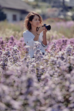 young cute woman professional photographer on a flower field in summer