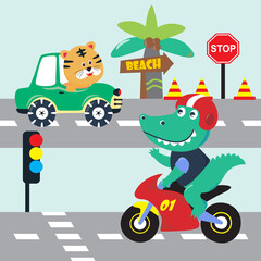 Obraz na płótnie Canvas Cute animal cartoon riding a vehicle in the city with cartoon style. Creative vector childish background for fabric, textile, nursery wallpaper, poster, card, brochure. vector illustration background.