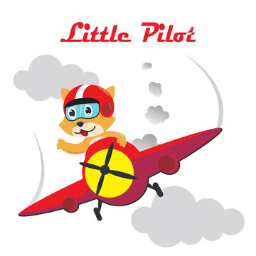 Vector illustration of a cute little pilot flying on a plane. with cartoon style. Creative vector childish background for fabric, textile, nursery wallpaper, poster, card, brochure.