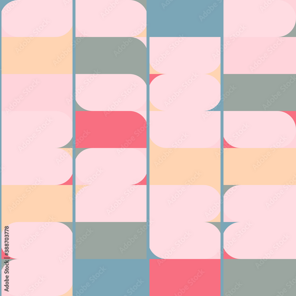 Poster Modern vector abstract seamless geometric pattern with semicircles, circles ,squares and lines in retro scandinavian style. Illustration with geometric figures. 