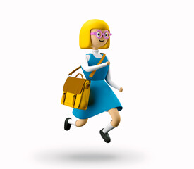 Schoolgirl Sophie is in a hurry to class. An excellent girl who loves to learn. 3d illustration. 3d rendering