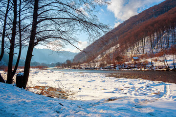 river in the winter scenery. mountain landscape on the sunny day. trees on the snow covered river bank
