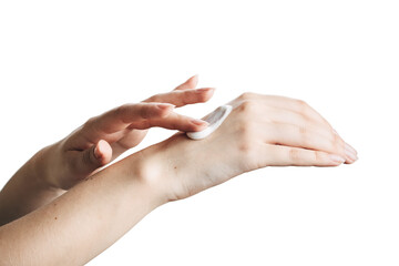 women hands isolate, applying cream, massaging