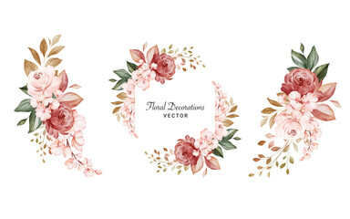 Fototapeta Set of watercolor floral arrangements of brown and peach roses and leaves. Botanic decoration illustration for wedding card, fabric, and logo composition obraz