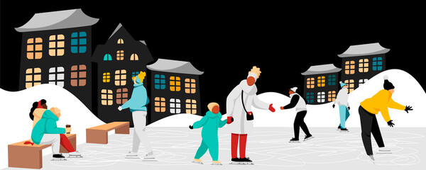 People skate in the Park of the city at night. Vector illustration