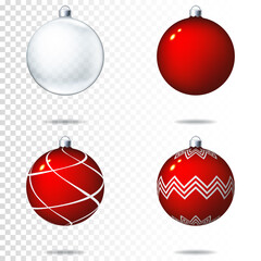 Transparent realistic Christmas ball and set of red Christmas balls, isolated.