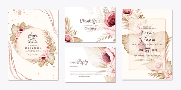 Wedding invitation template set with brown and peach dried floral and leaves decoration. Botanic card design concept