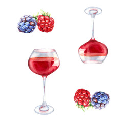 Glass of wine and grapes. Watercolor set pattern wiht wine glasses and berry. Can be used for cards, invitation. Isolated. White background.