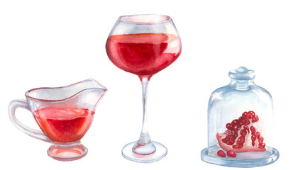Watercolor bar with pomegranate fruit, vintage wineglass. Grape wine/ Decor service ideas. Wedding, anniversary card, invitation.