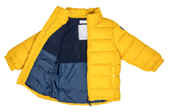 Winter jackets for children. Stylish, yellow, warm down jacket for children with removable hood, isolated on a white background. Winter fashion.