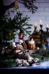 YULE LOG CAKE on a Christmas rustic background