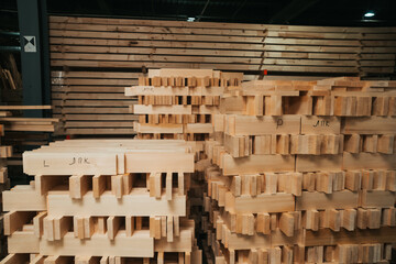 The lumber is ready to be sent to the loading workshop. A stack of new wooden planks lying in a small warehouse