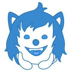 happy smiling wolf daydreams while propping his head up with hands, simplistic facial expression vector illustration, simple hand drawn circle shaped emoticon, funny cartoon character