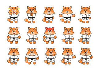 Fototapeta premium Set of karate fox characters showing various emotions. Cute karate fox mascot amazed, sad, angry, suspicious and showing other emotions. Vector illustration bundle