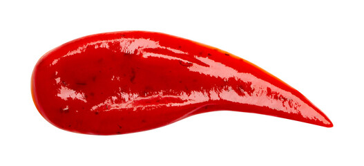 Drop of barbecue sauce or ketchup isolated on white background, top view, close up.