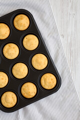 Homemade Cornbread Muffins, overhead view. Flat lay, top view, from above.