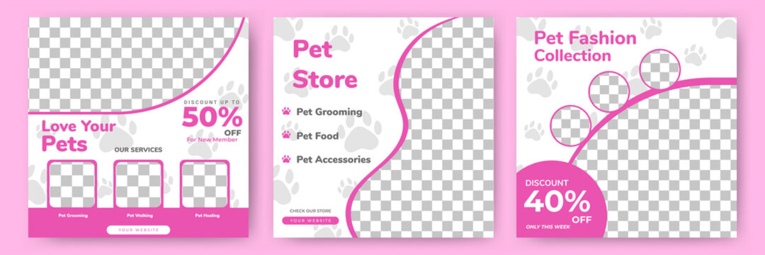 Set of editable square banner templates. Pet care and pet shop social media post template design with photo collage. Usable for social media post, story and web internet ads.