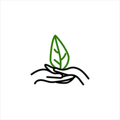 Green leaf, plant in hands isolated icon. Saving nature. Vector illustration.