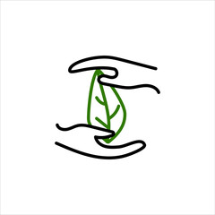 Green leaf, plant in hands isolated icon. Saving nature. Vector illustration.