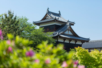 郡山城跡の大手向櫓とツツジ