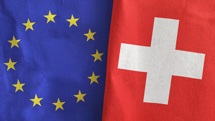 Switzerland and European Union two flags textile cloth 3D rendering