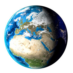 Planet Earth with clouds, Europe and Africa. White background. 3d Render