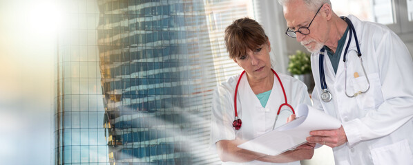 Two doctors discussing about medical report; multiple exposure