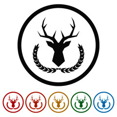 Deer head with big antlers in laurel wreath ring icon, color set