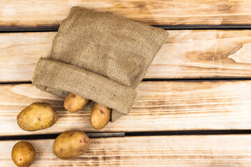 Fresh potatoes in an old bag on a wooden background. Free space for text.