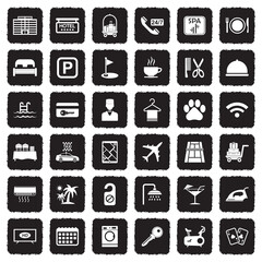 Hotel Icons. Grunge Black Flat Design. Vector Illustration.
