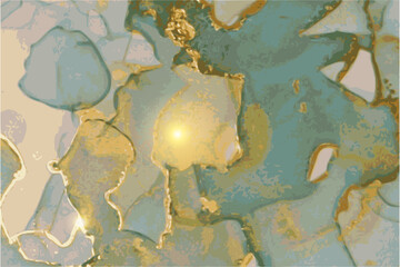 Marble effect teal, grey, gold stone texture. Alcohol ink oriental technique abstract vector background. Modern paint in natural colors with glitter. Banner, poster design template.