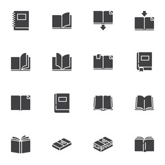 Blank book vector icons set, modern solid symbol collection, filled style pictogram pack. Signs, logo illustration. Set includes icons as open book page with bookmark, textbook, notebook