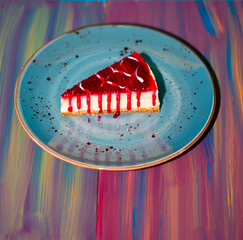 Cake in blue porcelain plate, raspberry chheschake	
