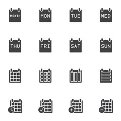 Calendar planner vector icons set, modern solid symbol collection, filled style pictogram pack. Signs, logo illustration. Set includes icons as calendar page with month, week and day, agenda organizer