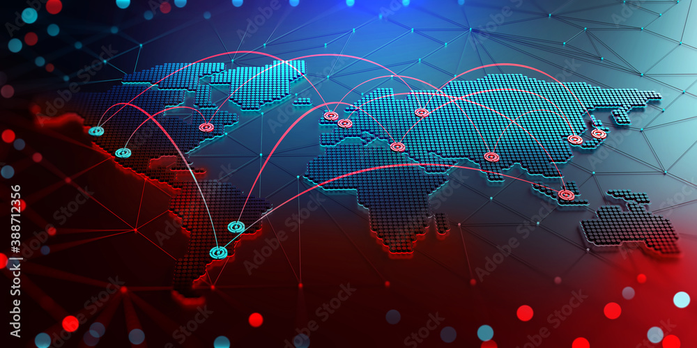 Poster Abstract map of continents. Globalization and geopolitics in high-tech world of future. 3D illustration of communications and data exchange in a virtual network. Bright, juicy, neon colors